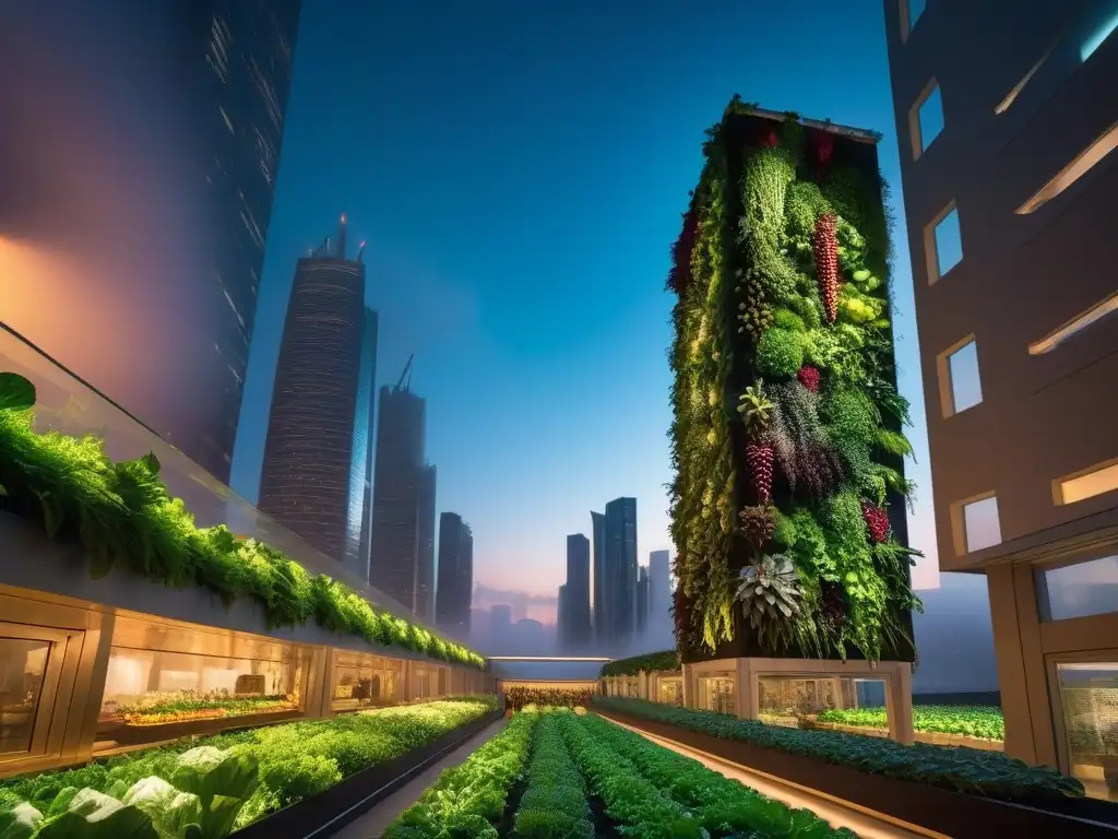 Vibrante ciudad nocturna con rascacielos futuristas iluminados por luces de neón y un jardín vertical lleno de frutas y verduras