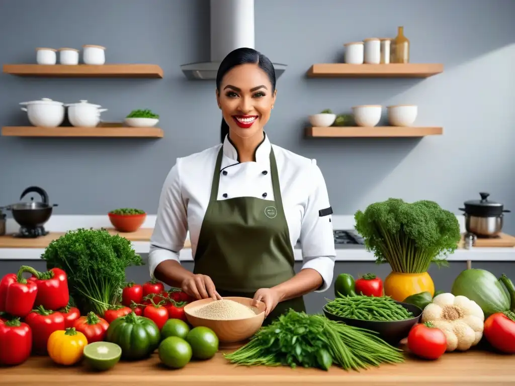 Una vibrante clase virtual de cocina vegana con diversidad de participantes de todas las edades y etnias, en un entorno moderno y acogedor