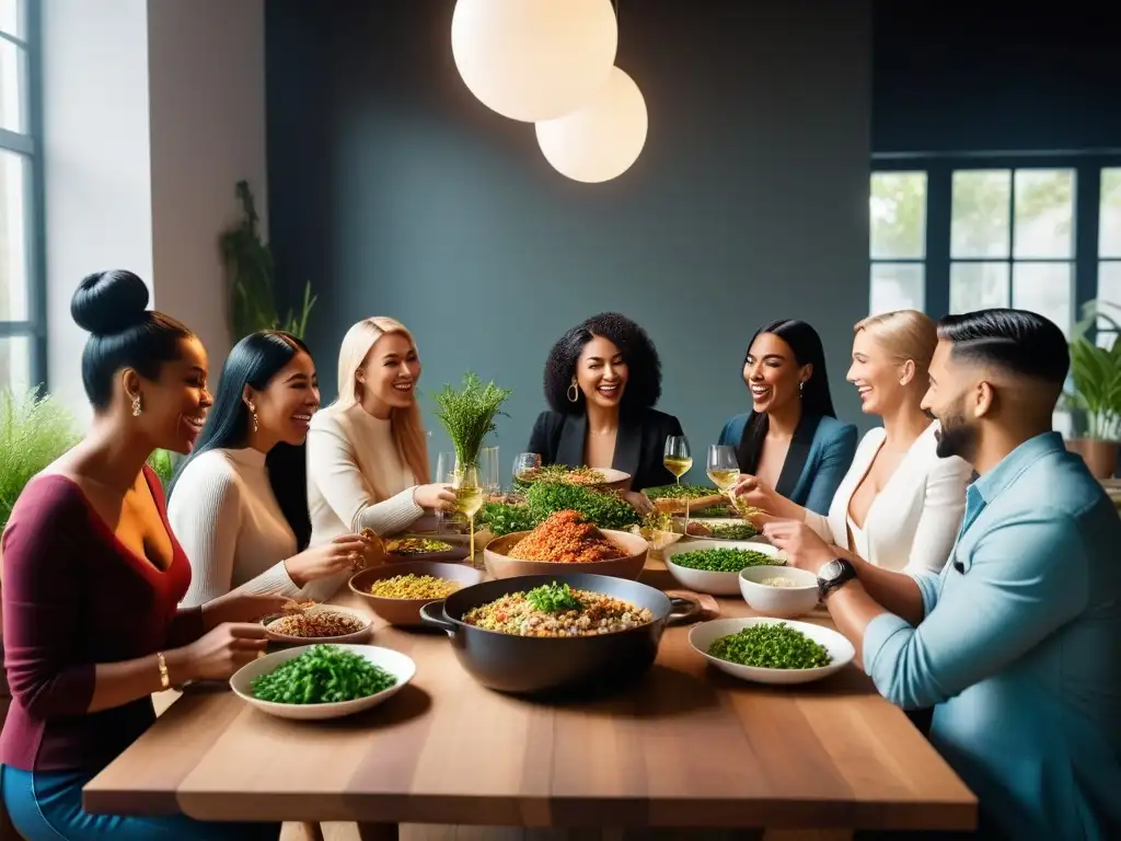 Una vibrante cocina vegana uniendo comunidades mundiales en torno a una mesa llena de coloridos platillos