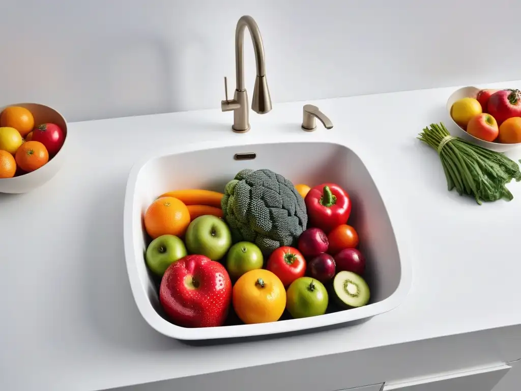 Vibrante cocina vegana: frutas y verduras de colores lavadas en fregadero moderno, enfoque en reducción antinutrientes