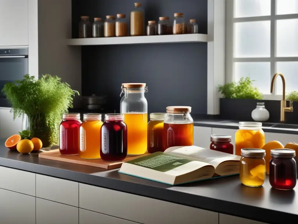 Vibrante cocina vegana con kombucha y libros, reflejando beneficios de dieta y té