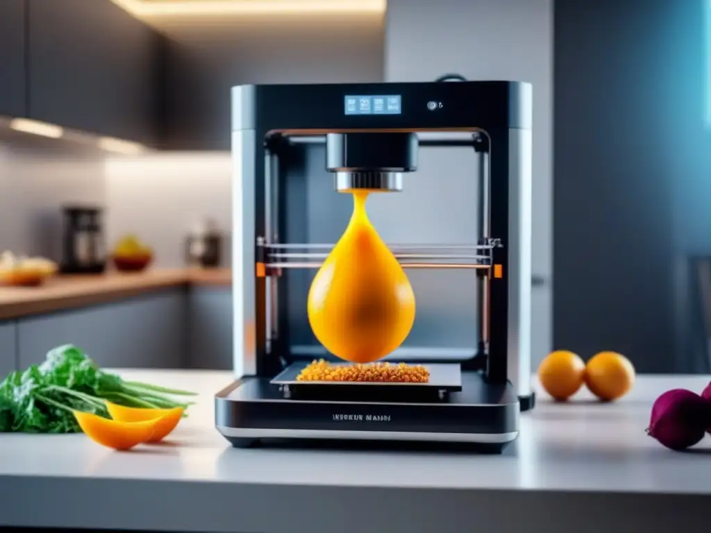 Revolutionary 3D printer crea platillo vegano en cocina futurista Vibrante cocina vegana personalizada con impresión 3D de alta tecnología en contraste con ingredientes naturales