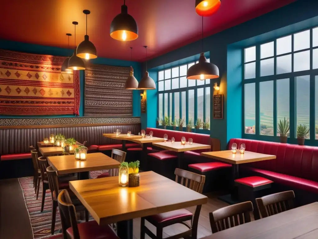 Vibrante cocina vegana en Perú con platos coloridos y decoración ecoamigable en restaurante lleno de vida