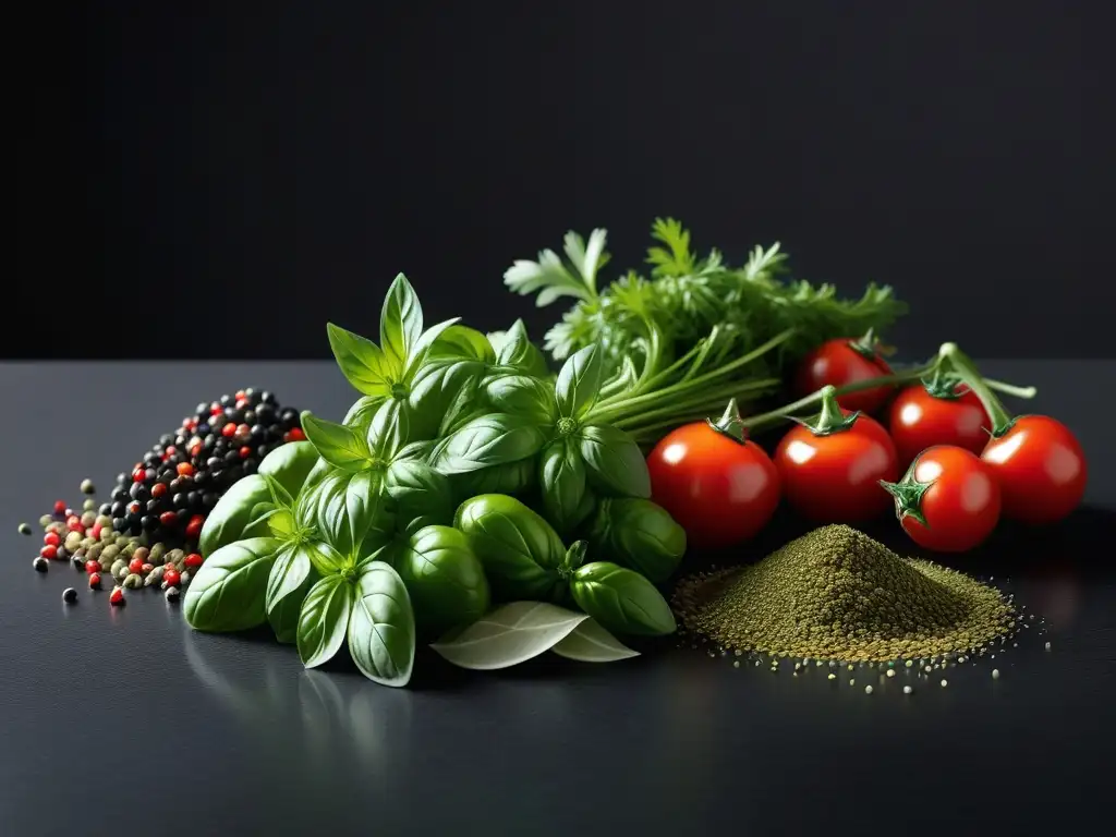 Una vibrante colección de hierbas y especias frescas para la receta de chimichurri vegano asados, dispuestas en un elegante mostrador de granito negro