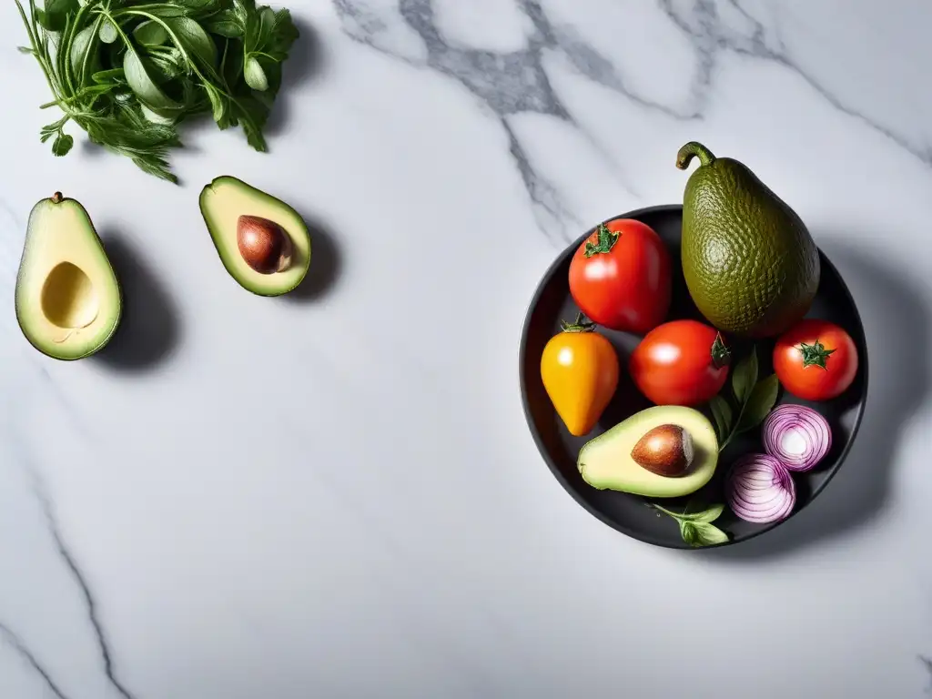 Vibrante collage de ingredientes veganos en mármol, reflejando las mejores apps recetas veganas innovadoras