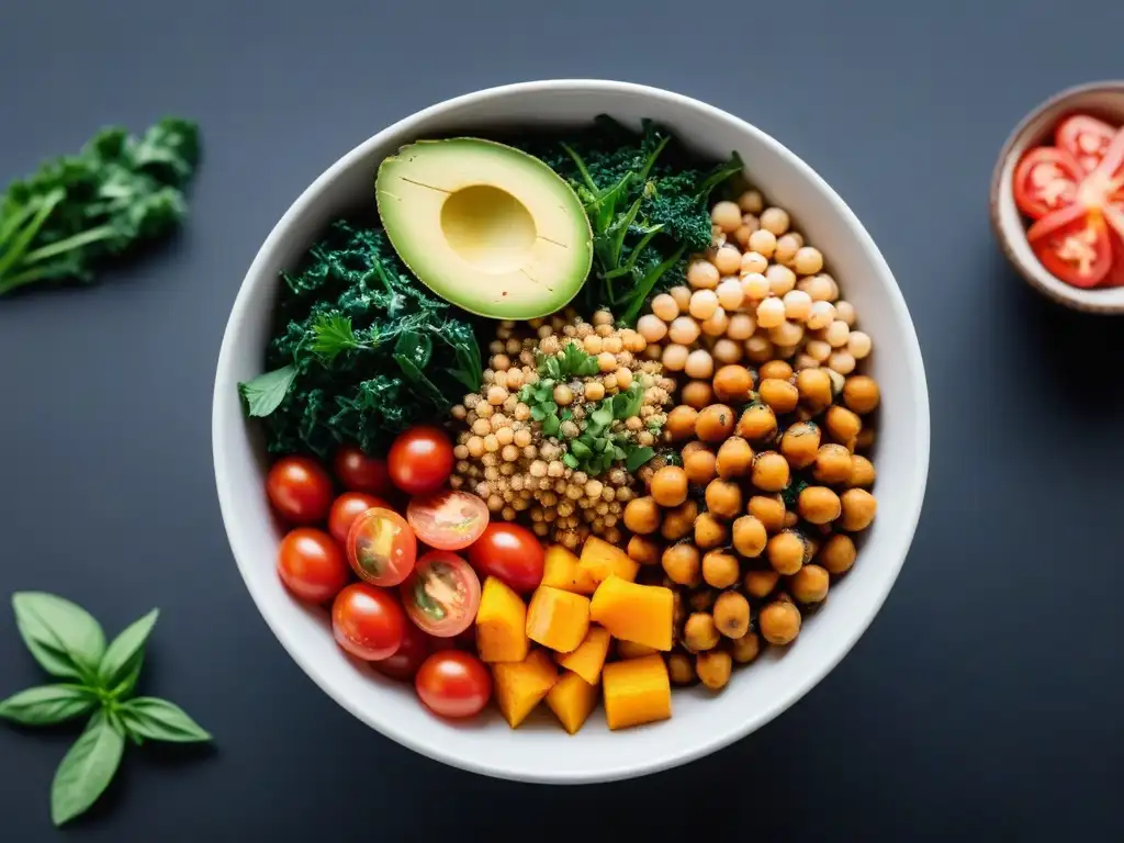 Un vibrante y colorido bowl vegano balanceado con quinoa, aguacate, kale y más