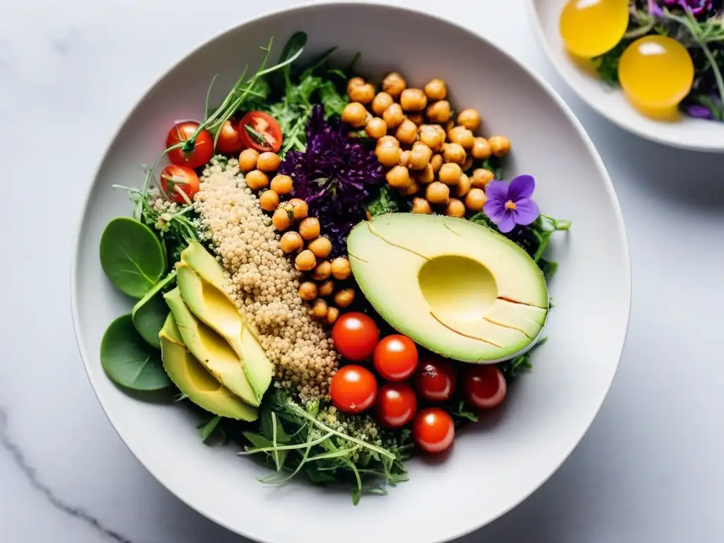 Un vibrante y colorido bowl de ensalada de quinua, con ingredientes frescos y una presentación innovadora