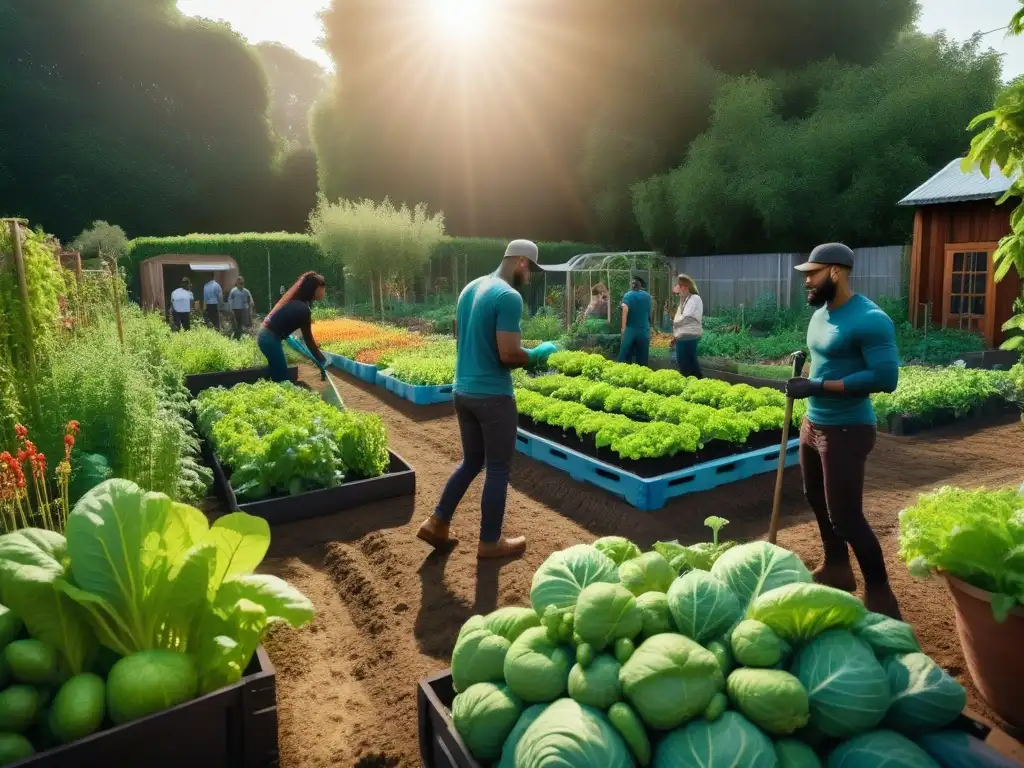 Vibrante comunidad vegana cuidando huerto comunitario con frutas y verduras coloridas