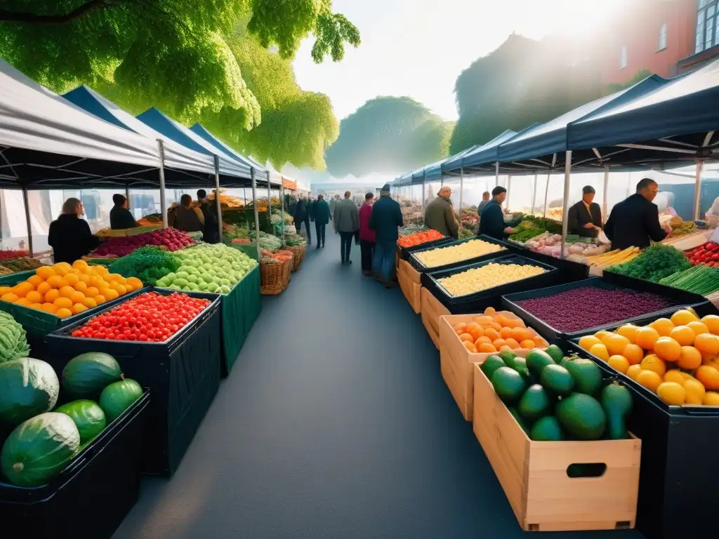 Una ilustración vibrante de un concurrido mercado de agricultores lleno de puestos coloridos vendiendo productos orgánicos frescos