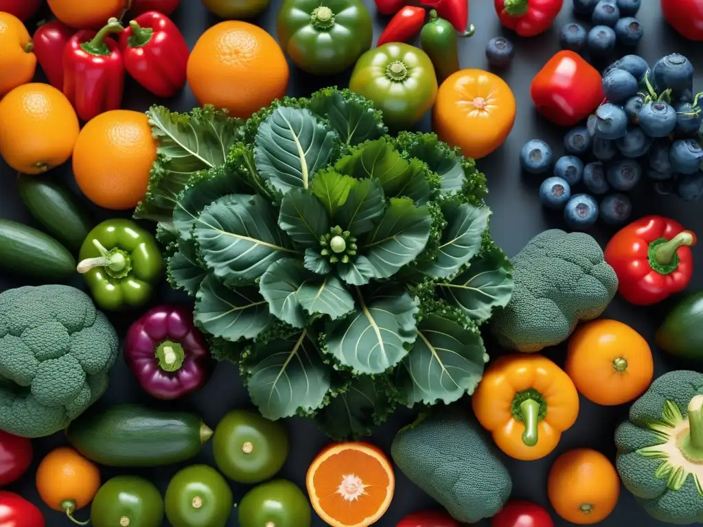 Un vibrante conjunto de frutas y verduras ricas en vitaminas, como kale, arándanos, naranjas y pimientos, formando un patrón moderno