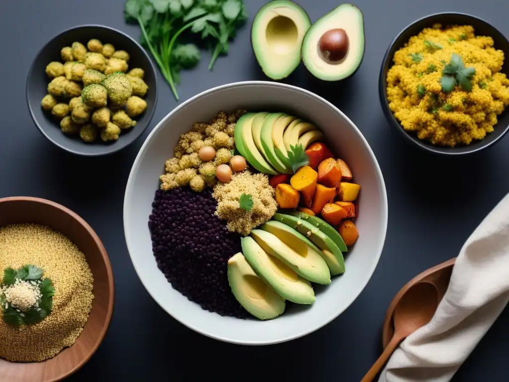 Un vibrante cuenco vegano con quinoa, vegetales asados, aguacate y levadura nutricional