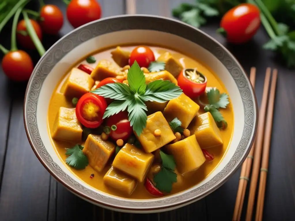 Un vibrante curry vegano del sudeste asiático en un bol de cerámica con patrones florales