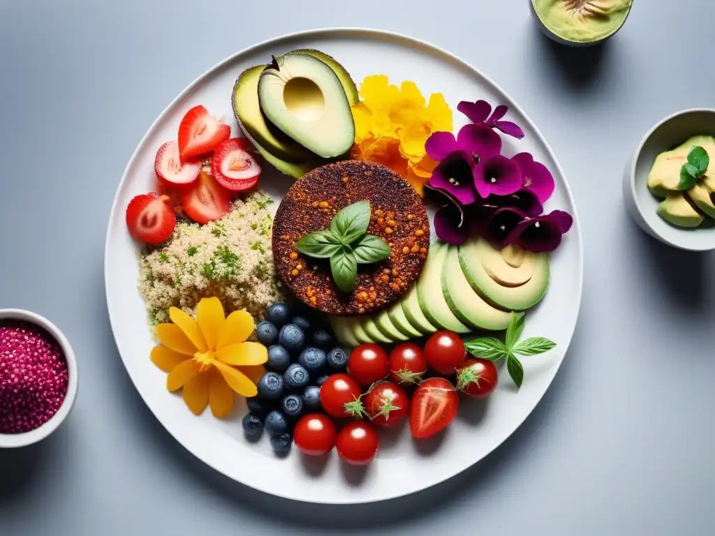 Una vibrante y deliciosa exhibición de tendencias gastronomía vegana plant-based con coloridos platillos en un plato blanco minimalista