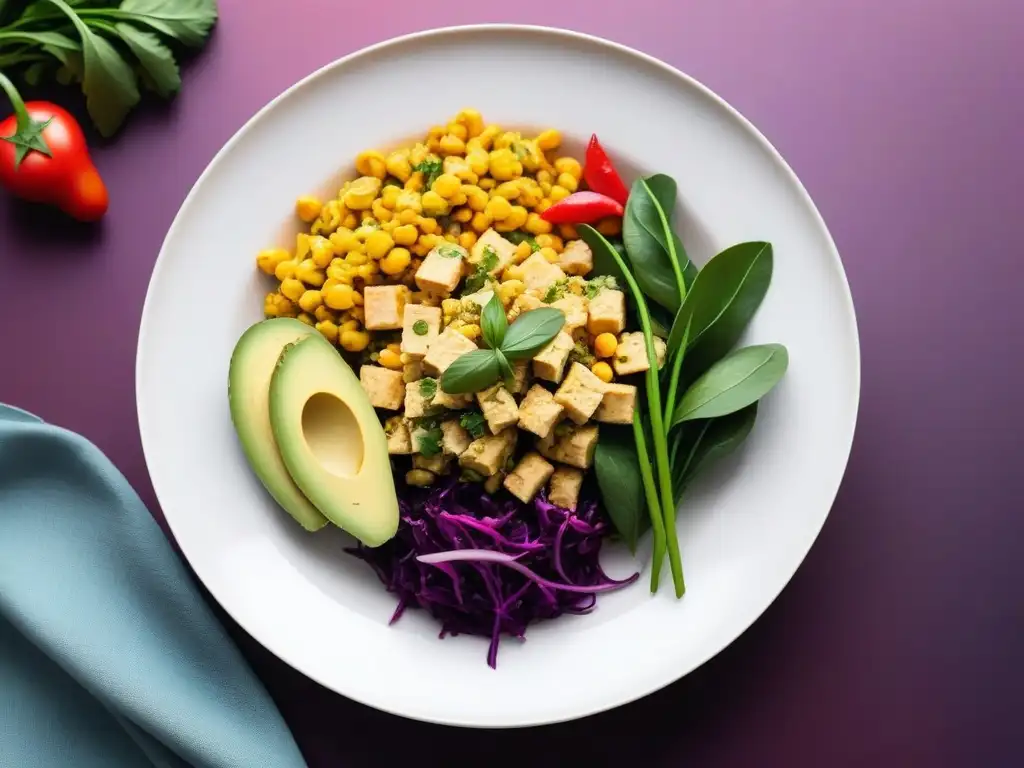 Un vibrante desayuno vegano: tofu revuelto con hierbas frescas, especias, verduras y aguacate