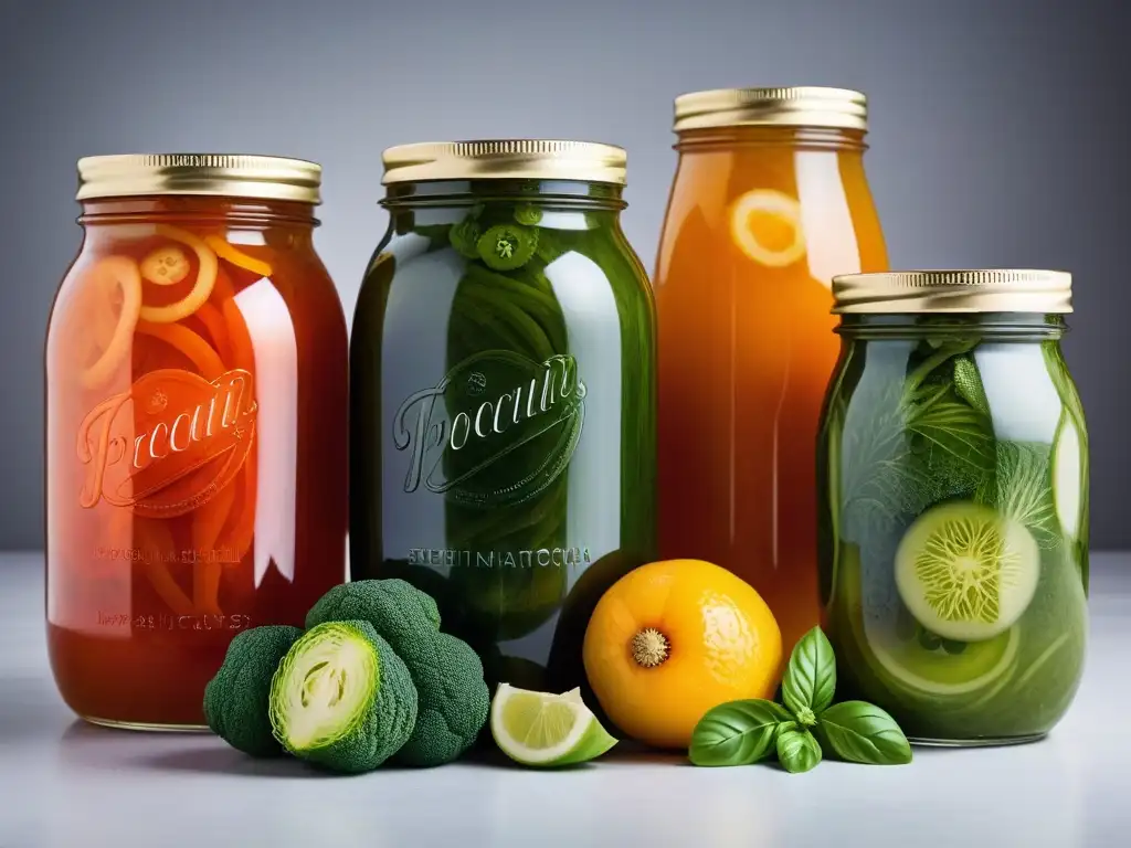Una ilustración vibrante y detallada de la fermentación de alimentos veganos con verduras y frutas coloridas convertidas en kimchi, chucrut y kombucha