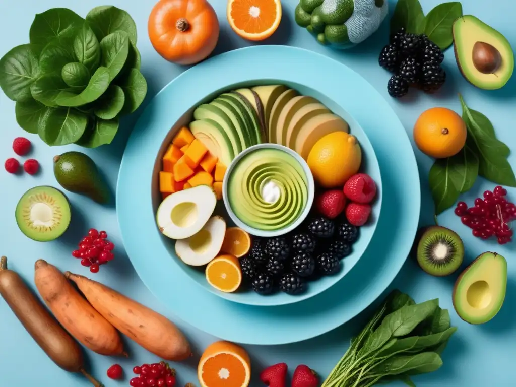 Una ilustración vibrante y detallada de frutas y verduras coloridas para la alimentación sólida del bebé vegano