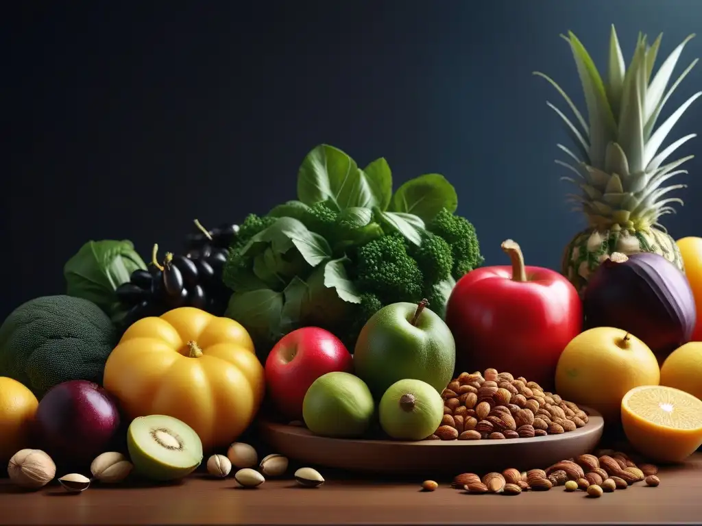 Una ilustración vibrante y detallada de frutas, verduras, frutos secos y semillas coloridos esparcidos en una encimera de cocina moderna