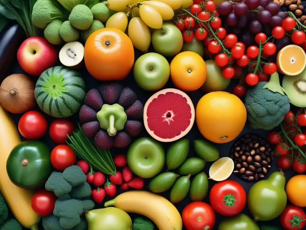 Una ilustración vibrante y detallada de frutas, verduras, frutos secos y semillas coloridos