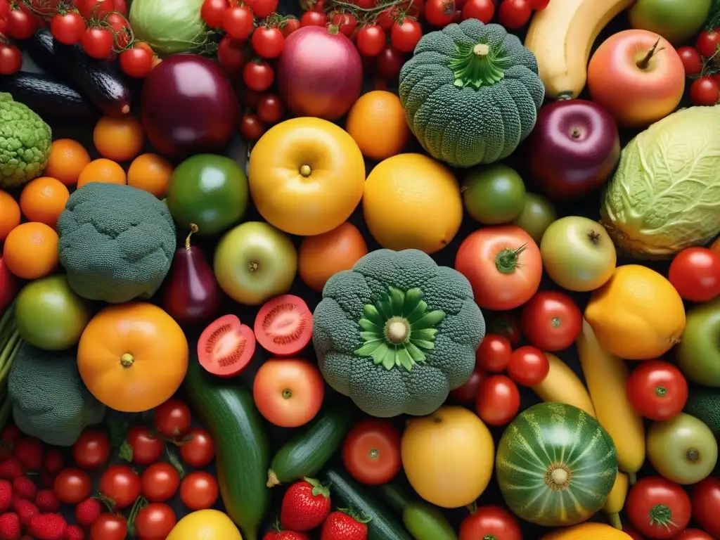 Una vibrante y detallada composición de frutas y verduras frescas, evocando vitalidad y abundancia