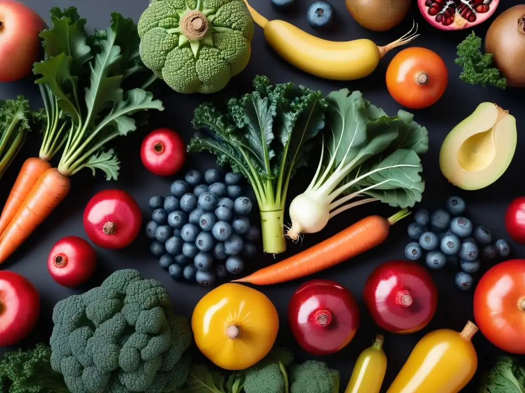 Una ilustración vibrante y detallada de frutas y verduras coloridas, ricas en fitonutrientes como kale, arándanos, granada y zanahorias