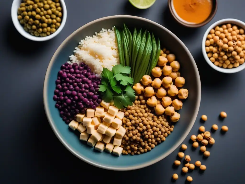 Una ilustración vibrante y detallada de fuentes de proteína vegana: tofu, lentejas, quinoa, garbanzos y nueces, ideal para una dieta completa