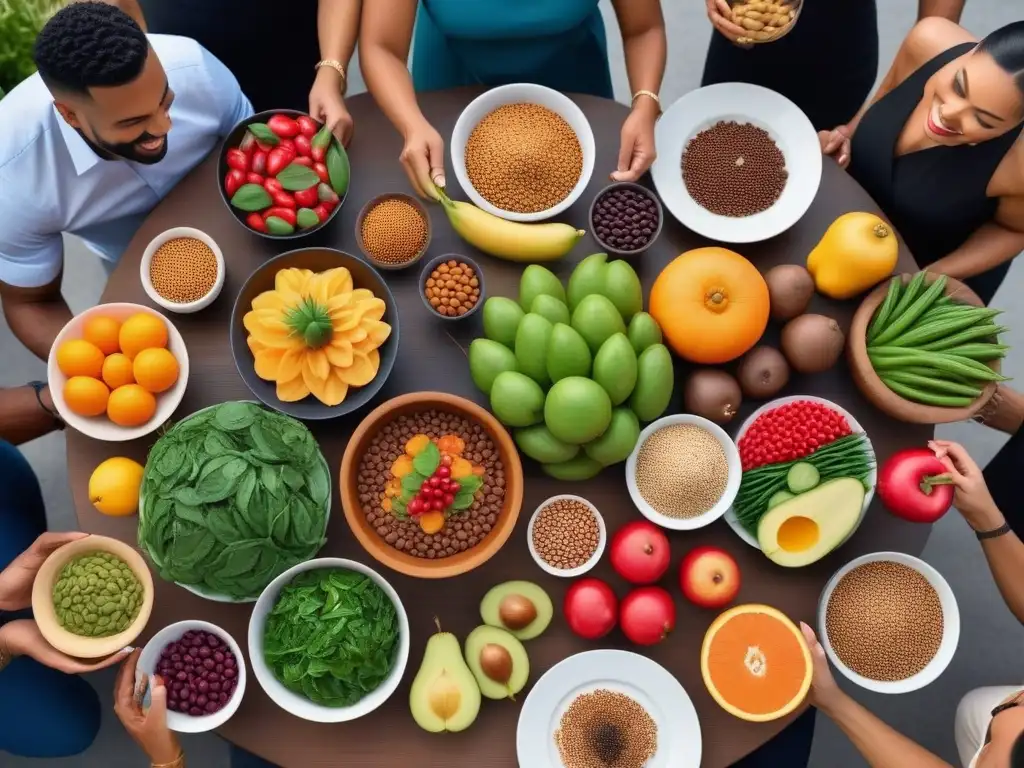 Una ilustración vibrante y detallada de un grupo diverso disfrutando de una comida vegana colorida juntos