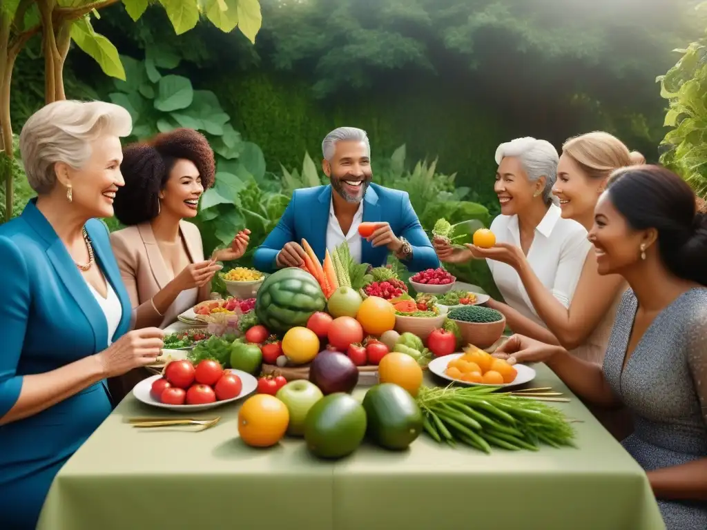 Una ilustración vibrante y detallada de un grupo diverso disfrutando de frutas y verduras frescas en una mesa colorida