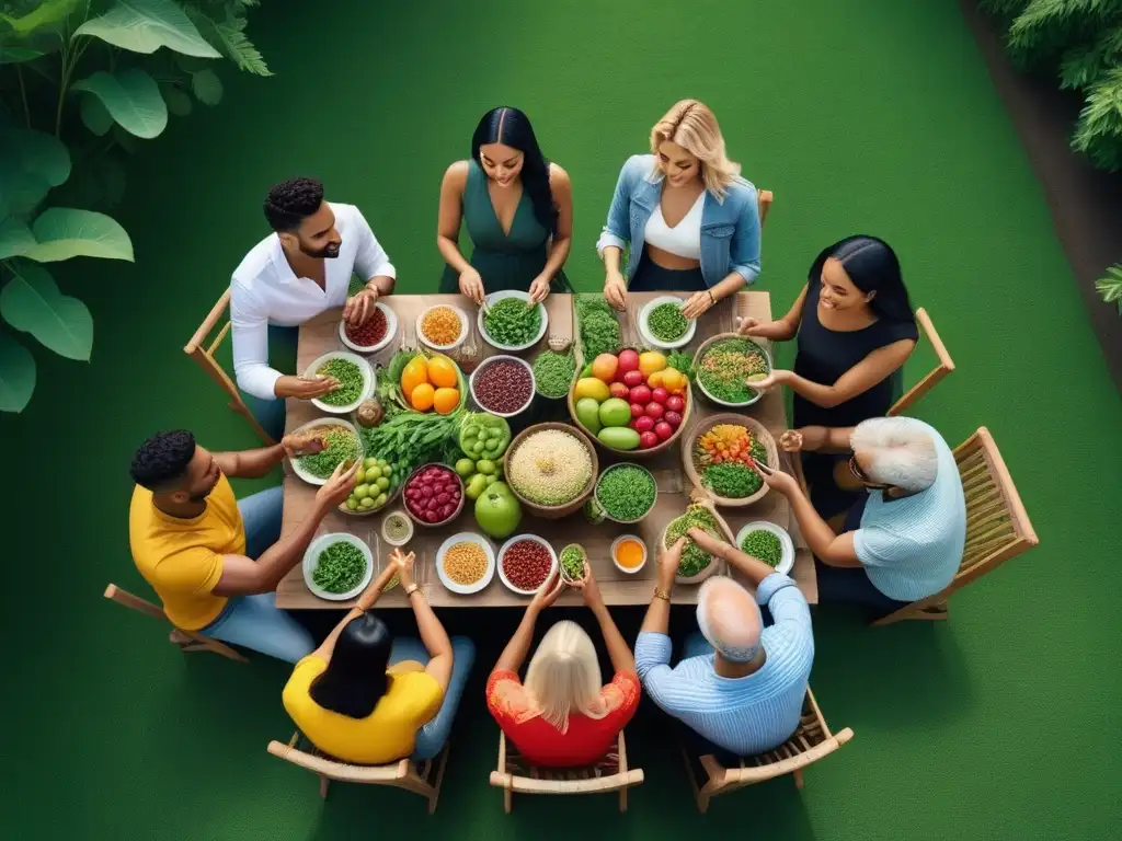 Una ilustración vibrante y detallada de un grupo diverso disfrutando de una comida vegetal en un entorno urbano verde