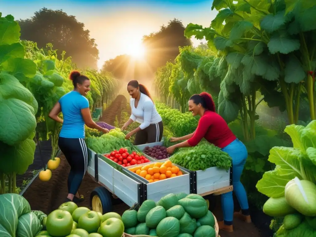 Una ilustración vibrante y detallada de personas diversas cosechando frutas y verduras en un jardín vegano, conectadas a la naturaleza