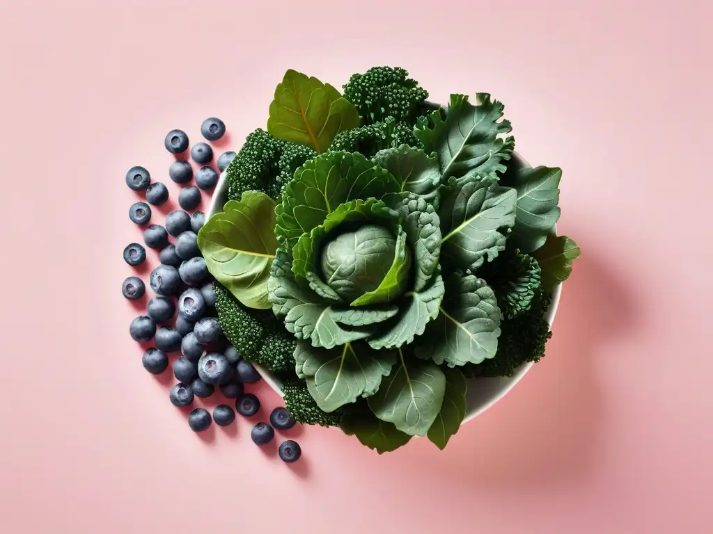 Un vibrante y detallado arreglo de superfoods veganos como kale, arándanos, semillas de chía y almendras que simbolizan salud cardiovascular