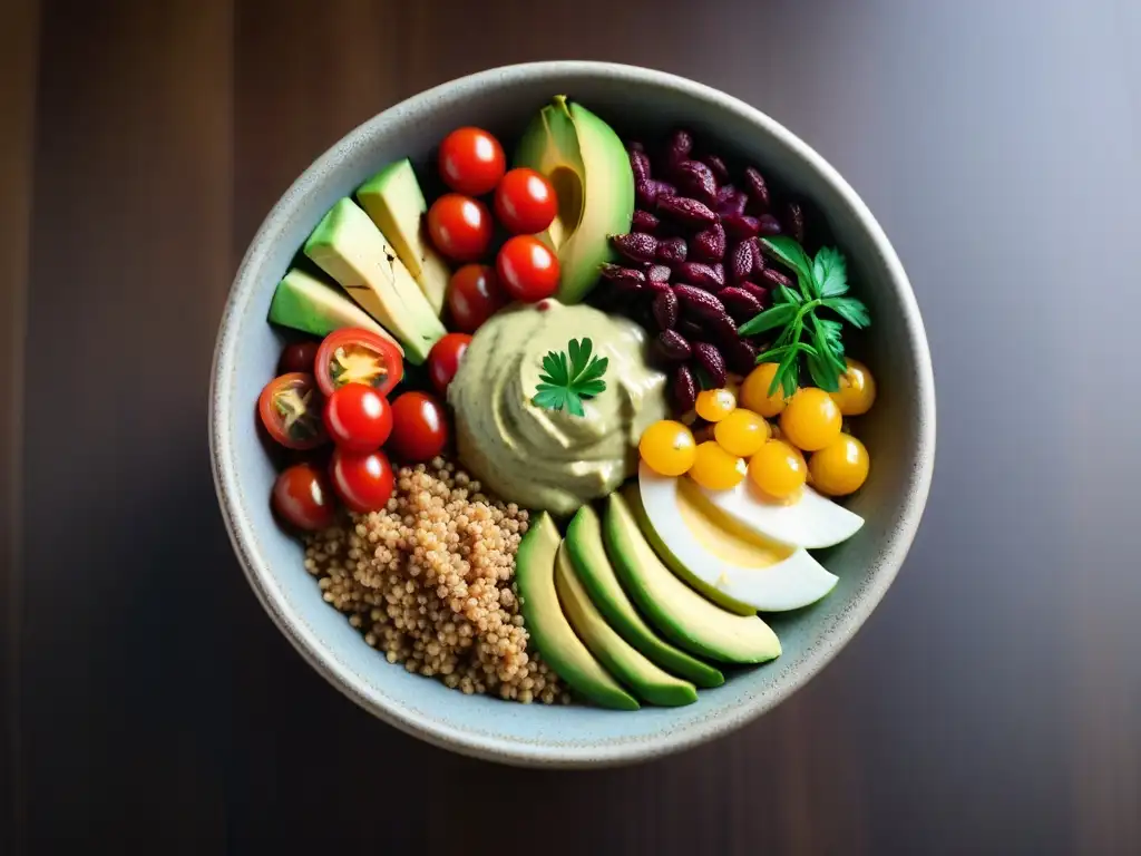 Un vibrante y detallado bowl vegano con ingredientes frescos y coloridos, en una presentación artística