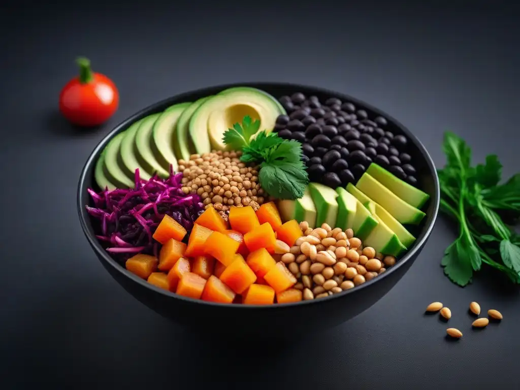 Un vibrante y detallado bowl vegano con combinaciones alimenticias veganas completas