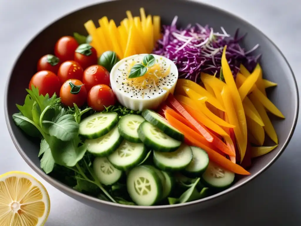 Un vibrante y detallado cuenco de ensalada con preparaciones crudas veganas deliciosas