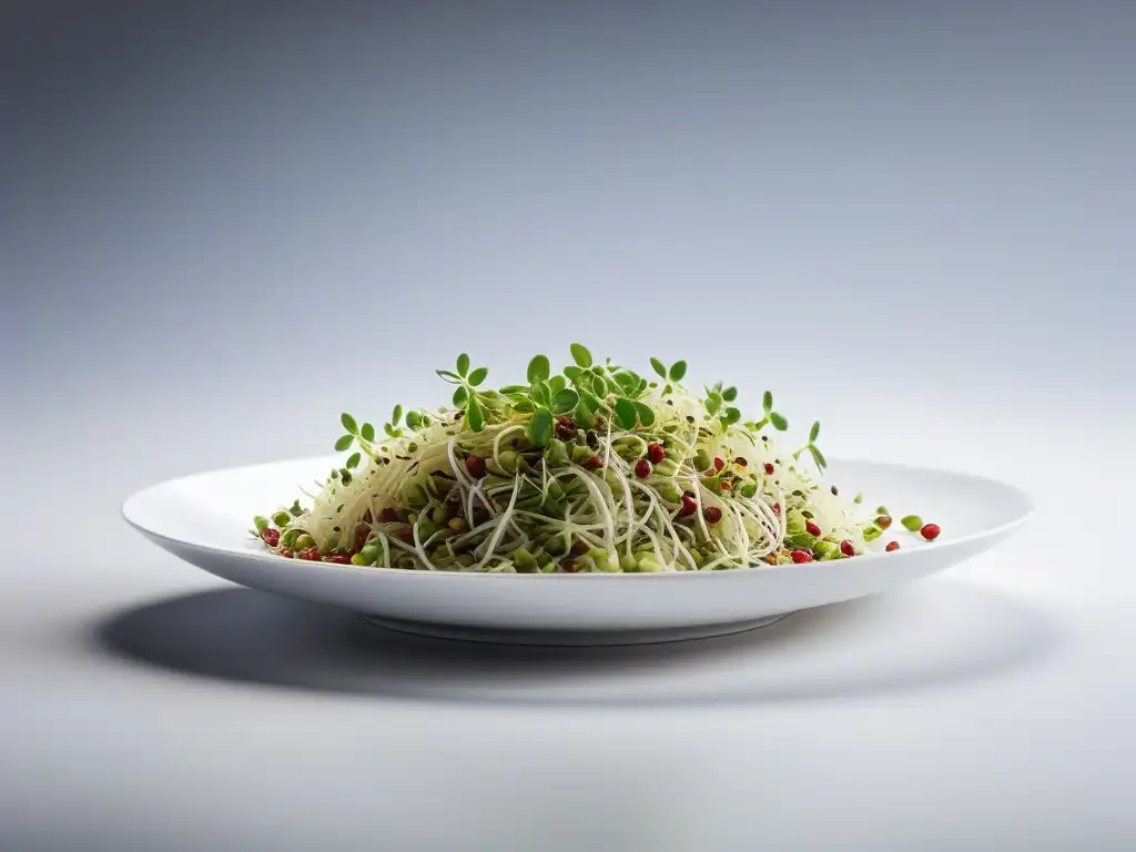 Un vibrante y detallado diseño de germinados frescos en un plato blanco cerámico