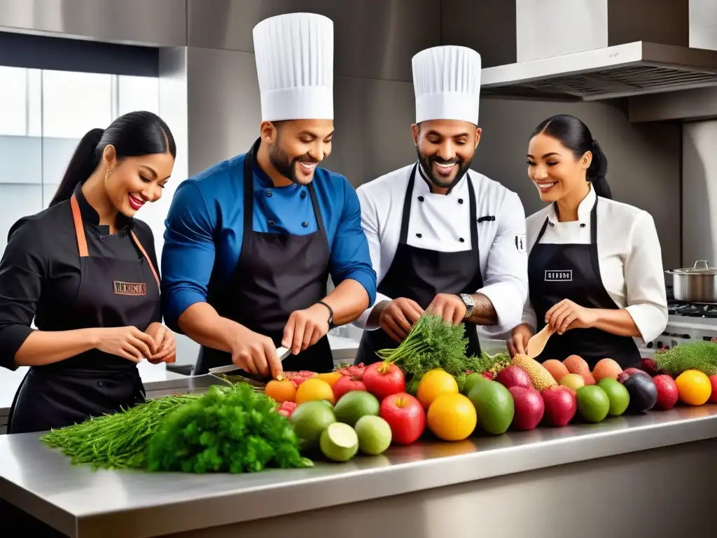 Un vibrante y detallado mural de cocina vegana con chefs de diversas edades y etnias trabajando juntos en armonía