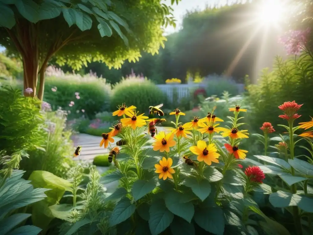 Un jardín vibrante y diverso, lleno de flores coloridas y abejas zumbando, muestra la importancia de los polinizadores en un huerto vegano