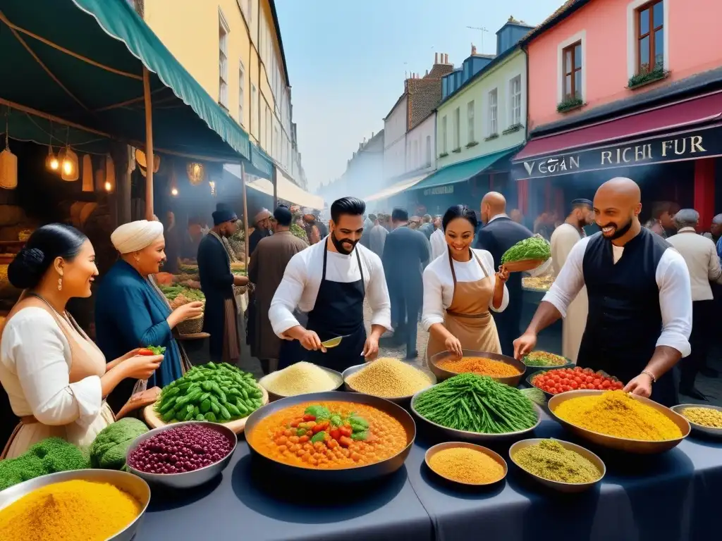 Un vibrante encuentro culinario vegano, con personas de distintas épocas y culturas disfrutando juntas