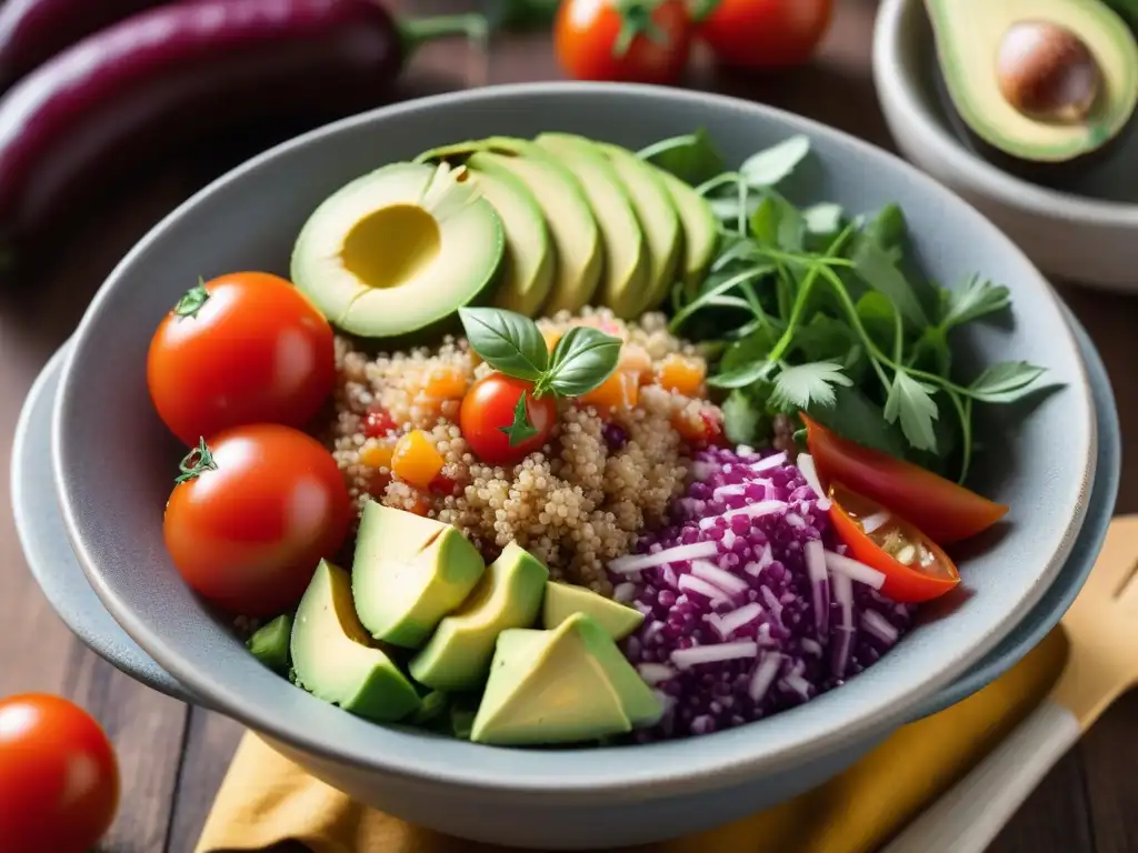 Una vibrante ensalada de quinoa con ingredientes frescos y coloridos en un bol moderno