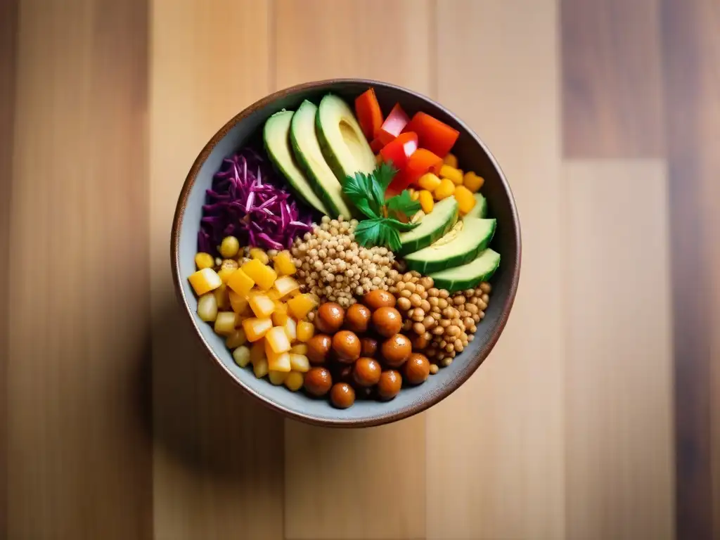 Una vibrante ensalada vegana Australiana y Neozelandesa en un tazón Buddha, sobre una elegante mesa de madera