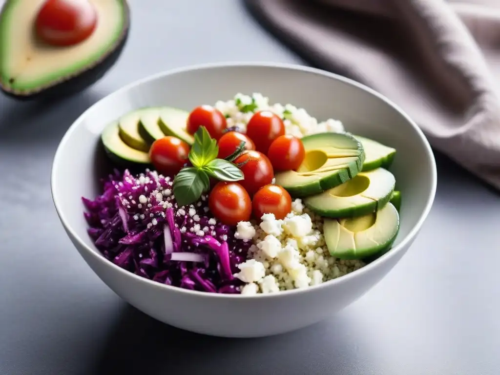 Ensalada de quinoa colorida: frescura en cada bocado Una vibrante ensalada de quinoa vegana con tomates, pepinos, aguacate, queso feta, col morada y cilantro en un plato blanco moderno