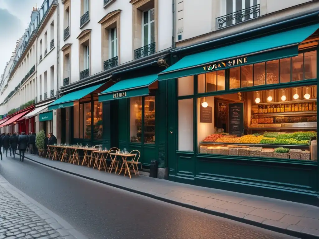 Escena vibrante de gastronomía vegana en las calles parisinas Un vibrante escaparate de gastronomía vegana en París: restaurantes coloridos, platos plantbased y un ambiente animado