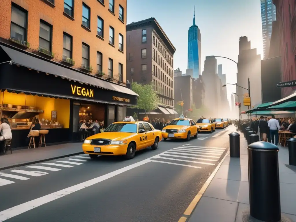 Una vibrante escena de una bulliciosa calle de Nueva York llena de cafeterías veganas, con grupos variados disfrutando comidas a base de plantas