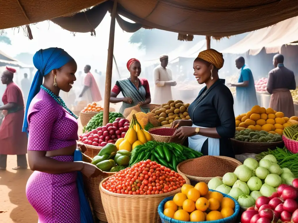 Una vibrante escena de un bullicioso mercado africano con influencia en la cocina vegana, repleto de coloridas frutas, verduras y especias