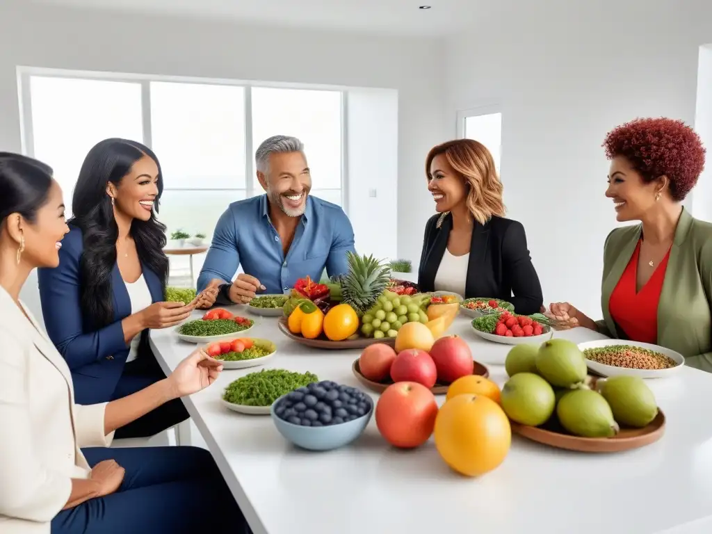 Una vibrante escena en una cocina moderna con personas de todas las edades y etnias, disfrutando de suplementos veganos para todas edades