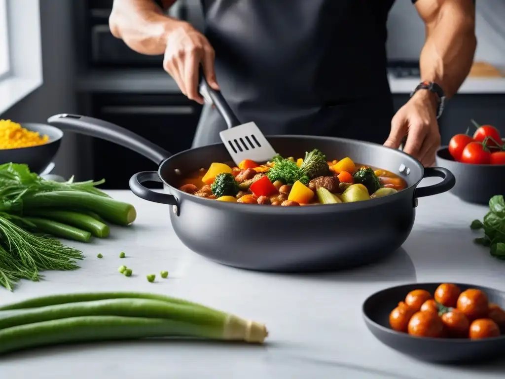 Un vibrante escena de cocina vegana con ingredientes frescos y coloridos en un elegante mostrador de mármol