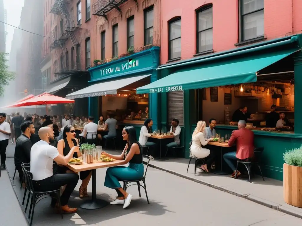 Una vibrante escena en Nueva York con gastronomía vegana y diversidad