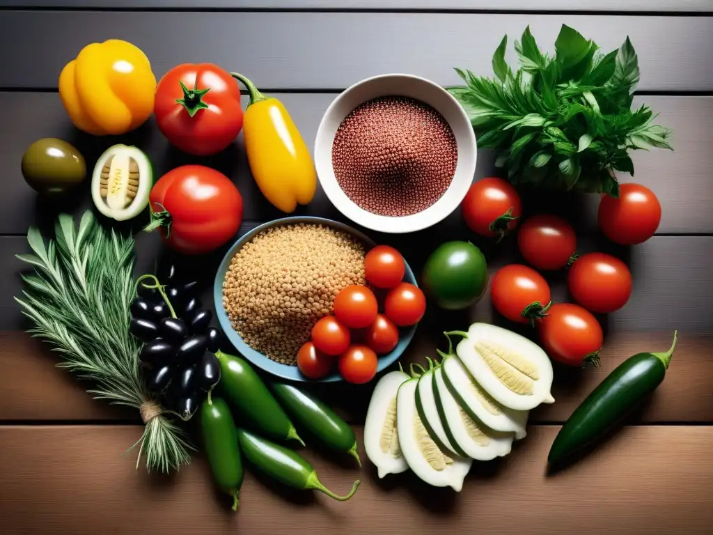 Vibrante escena de ingredientes frescos para dieta mediterránea vegana recetas
