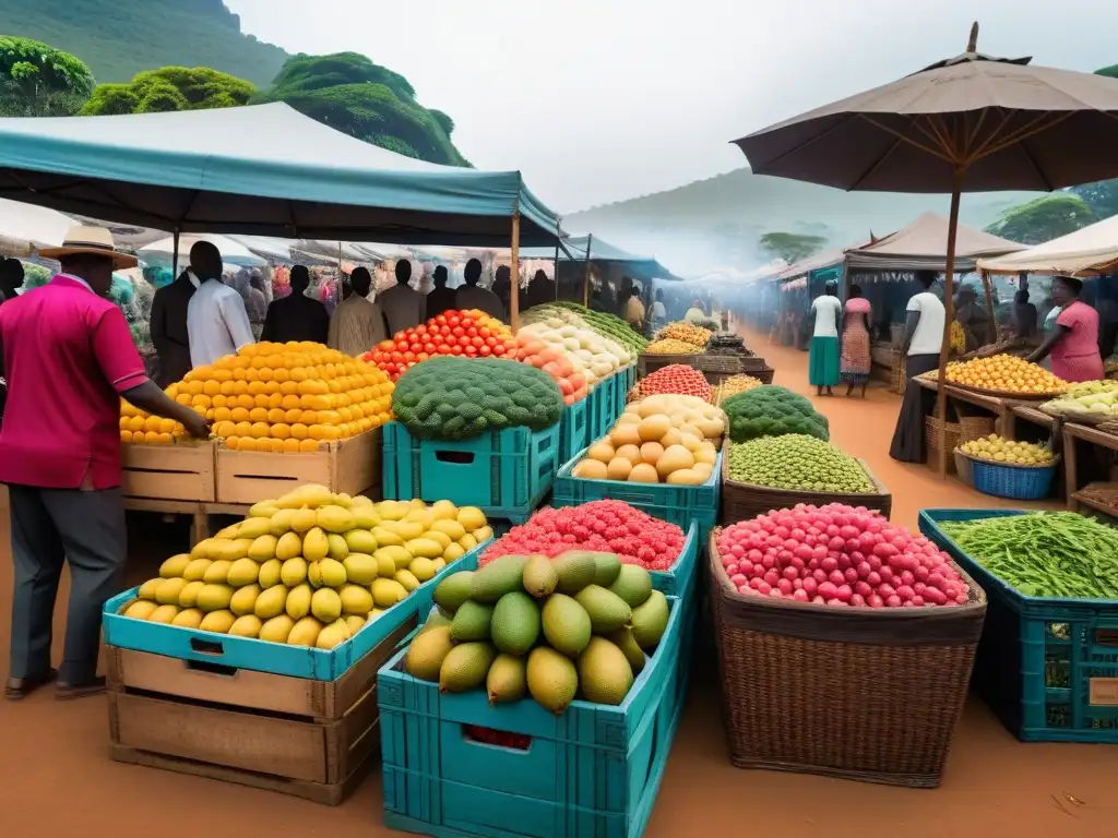 Una vibrante escena de un mercado en África Oriental, repleto de frutas y verduras coloridas