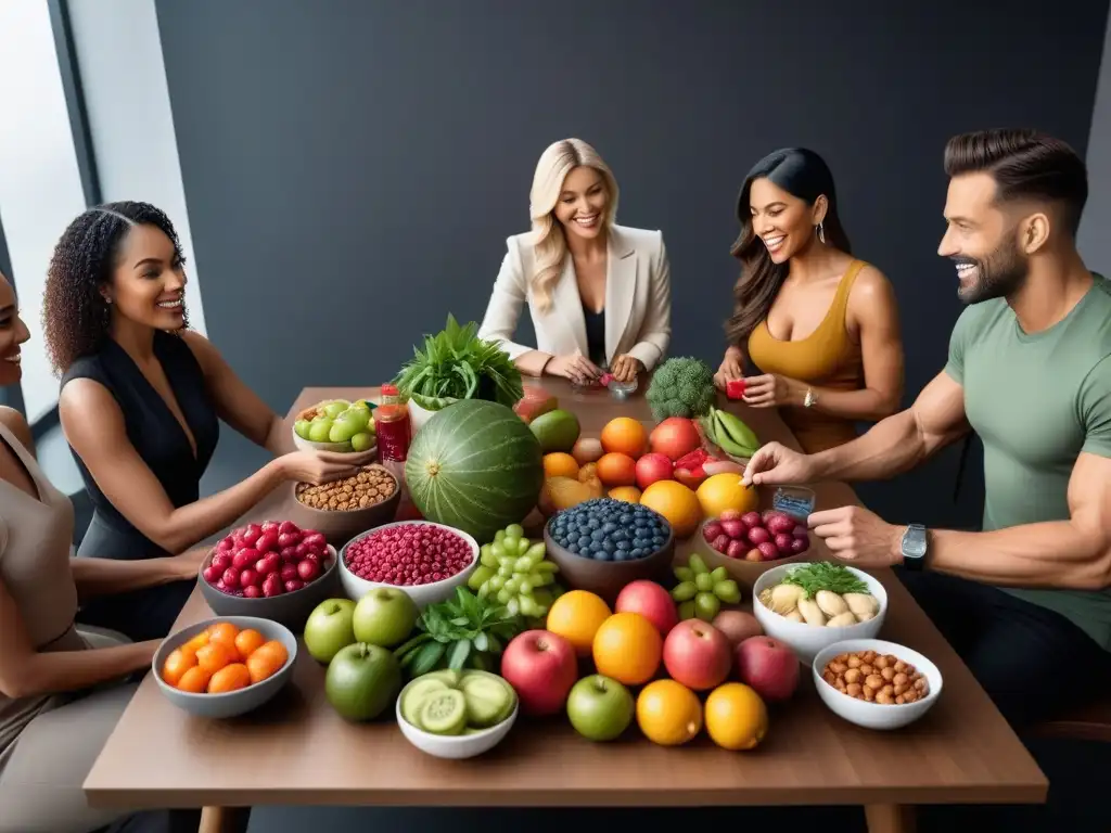 Una vibrante escena de personas diversas discutiendo sobre nutrición vegana, rodeados de alimentos coloridos