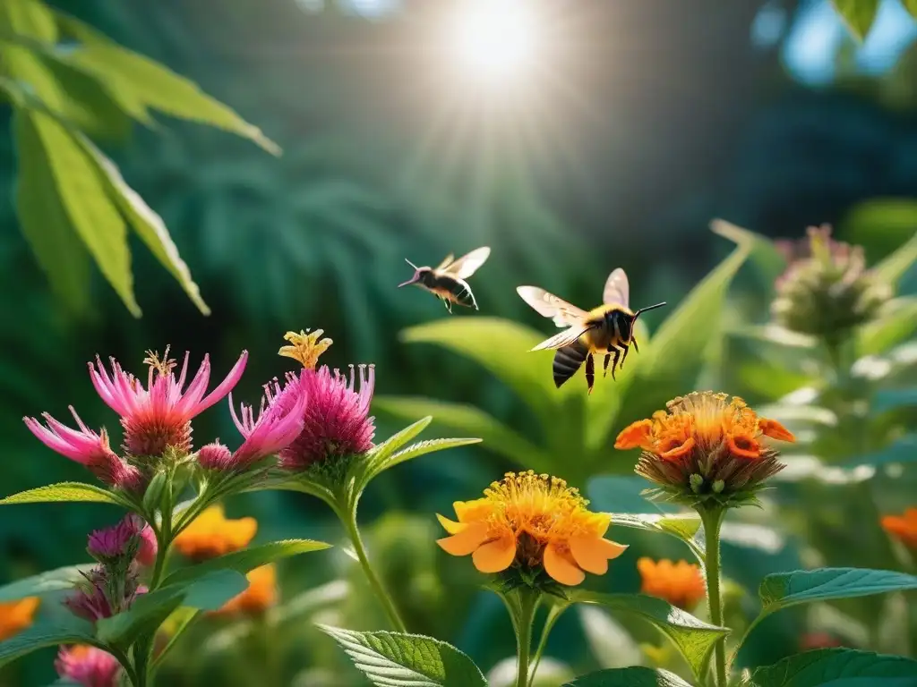 Vibrante escena de polinizadores en huerto vegano: abejas, mariposas y colibríes polinizan flores coloridas en exuberante jardín